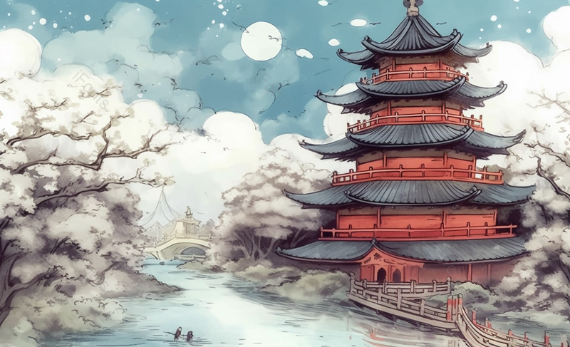 唯美水彩风格古风风景插画,黄鹤楼,插画/手绘图,插画/手绘图库,插画/手绘图下载,插画/手绘